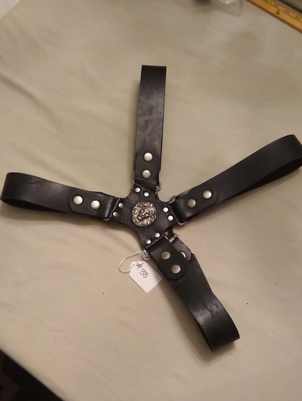 Black Leather Cross Harness w/ Lion Metal Emblem, #38
